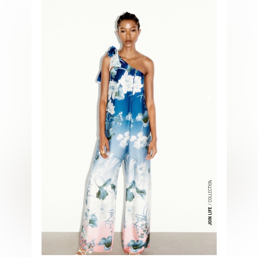 Zara Floral One-Shoulder Wide-Leg Jumpsuit in Blue and White, XS